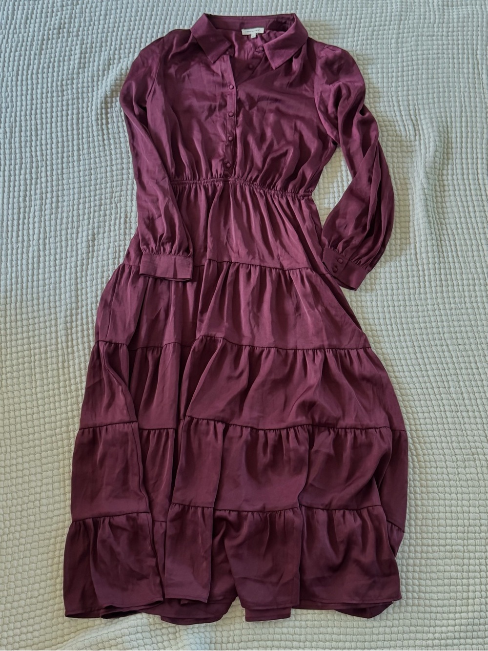 Long Sleeve Tiered Midi Dress in Deep Plum